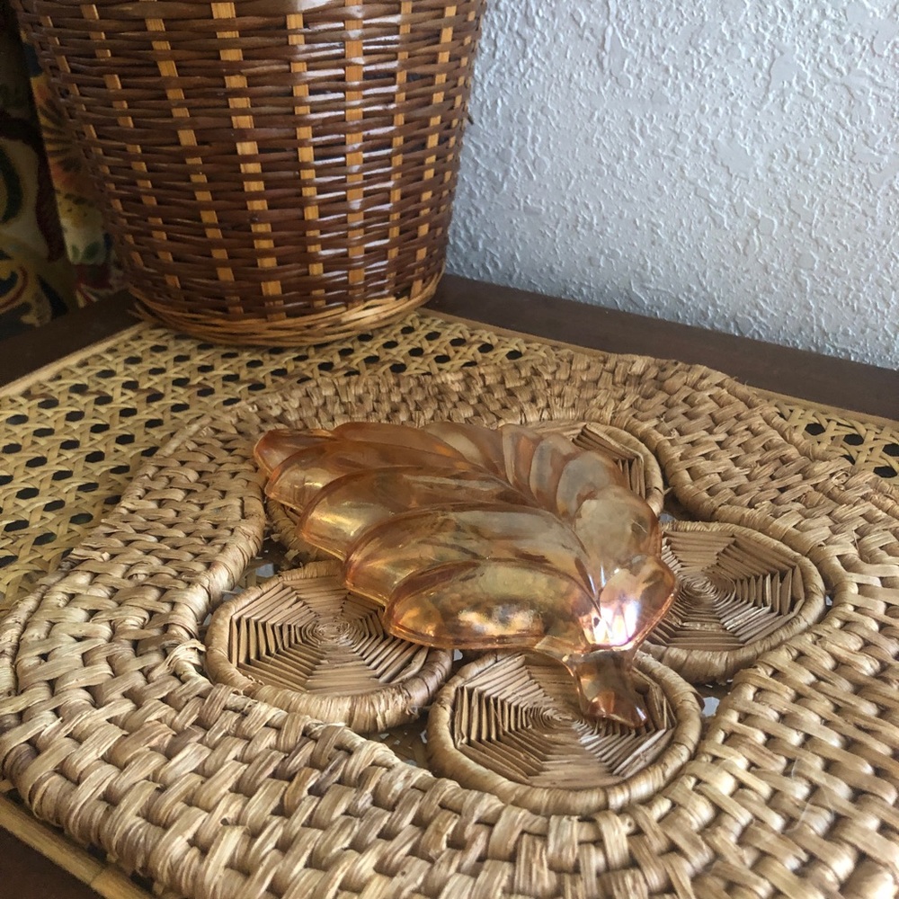 Vintage Marigold Orange Carnival Glass Leaf Shape Trinket Dish Circa 60s--50s - Picture 5 of 10